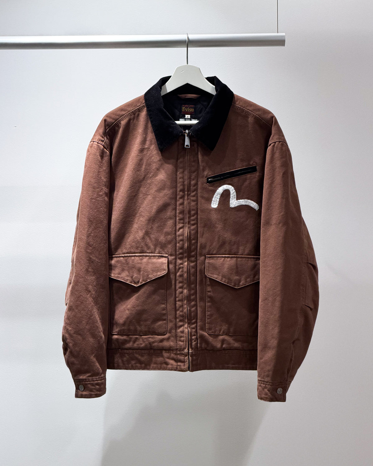【EVISU】PADDED BROWN CANVAS QUILTED WORK JACKET-RELAX FIT - BROWN