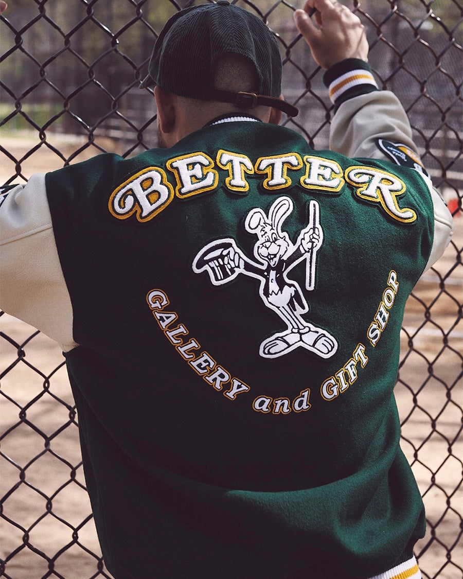 [BETTERᵀᴹ GIFT SHOP] “GALLERY AND GIFT SHOP” 2023 LEATHER VARSITY JACKET - GREEN