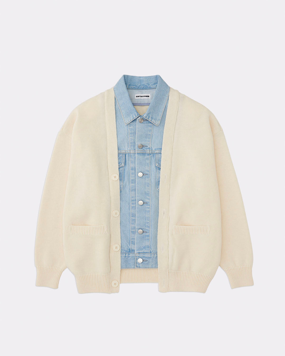 【SOFTHYPHEN】DENIM MIX CARDIGAN - WHITE