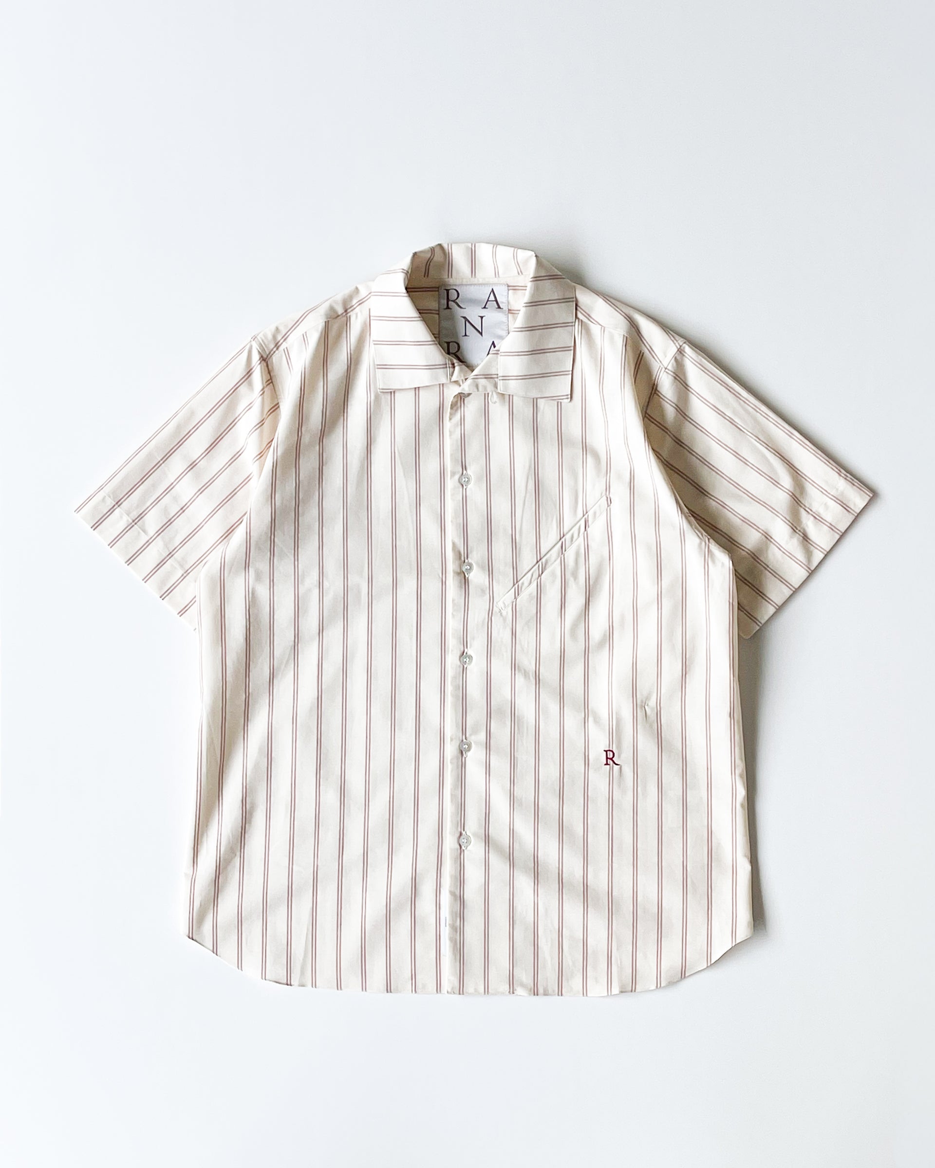 【RANRA】SUN STRIPY COTTON SS SHIRT - IVORY/RHUBARB