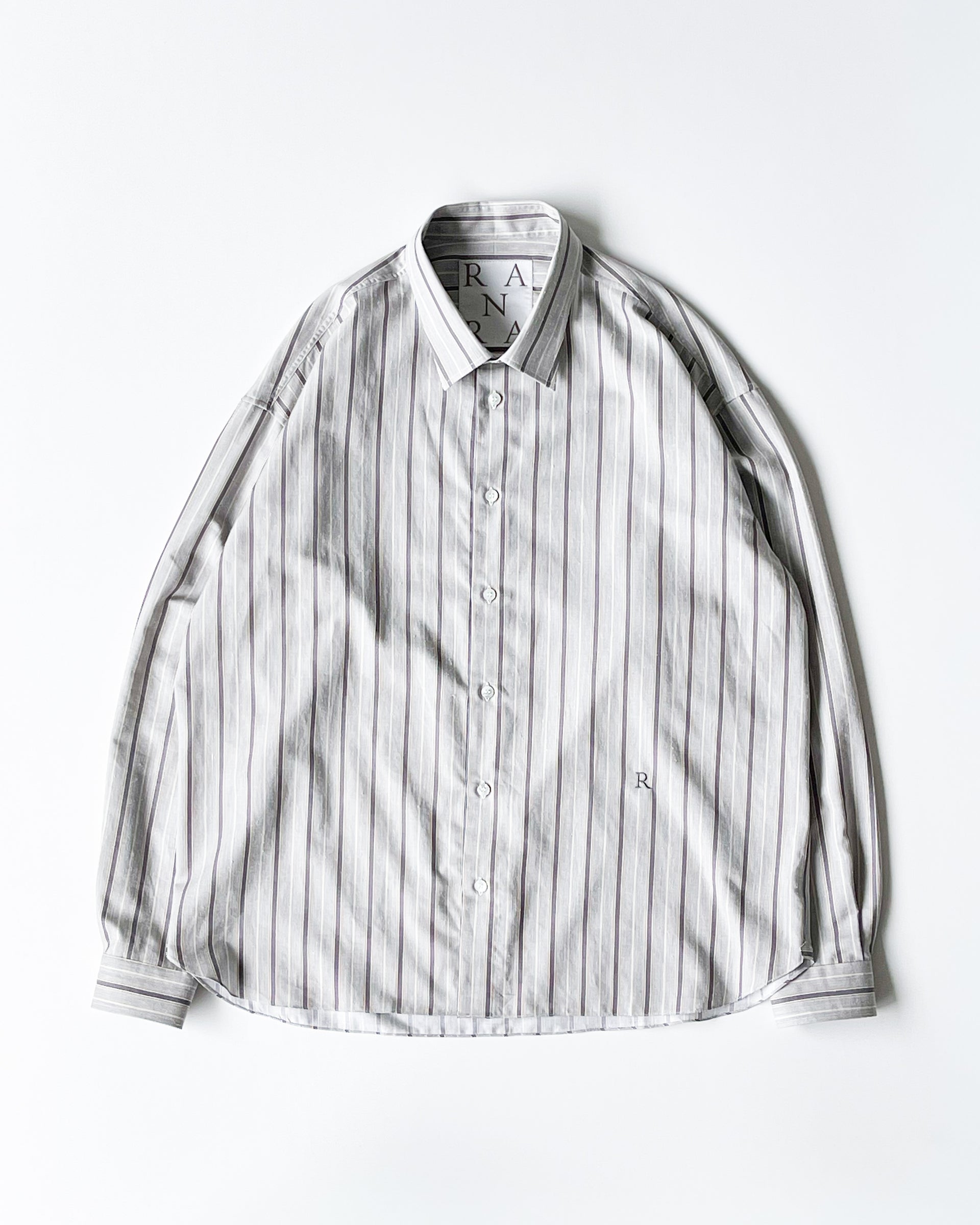 【RANRA】FIELD STRIPY COTTON SILK LS SHIRT - KHAKI/IVORY