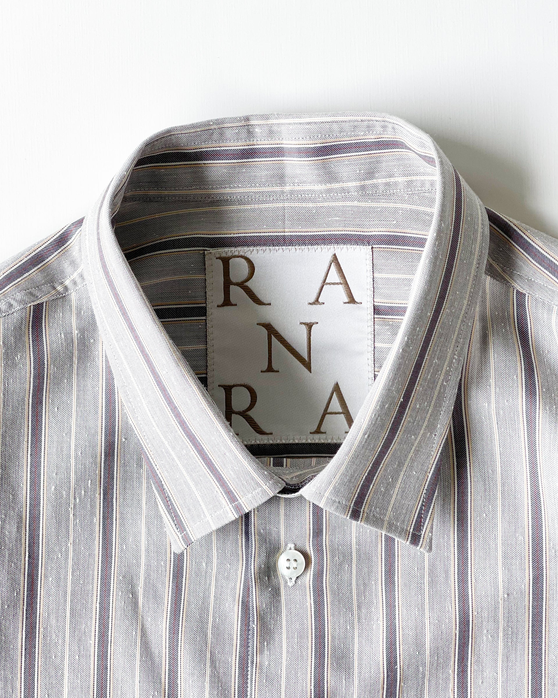 【RANRA】FIELD STRIPY COTTON SILK LS SHIRT - KHAKI/IVORY