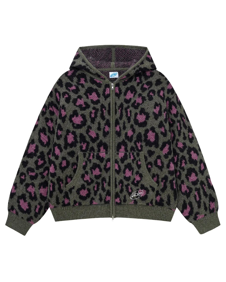 【WOKE EDGE】LEOPARAD MOHAIR ZIP KNIT - GREEN