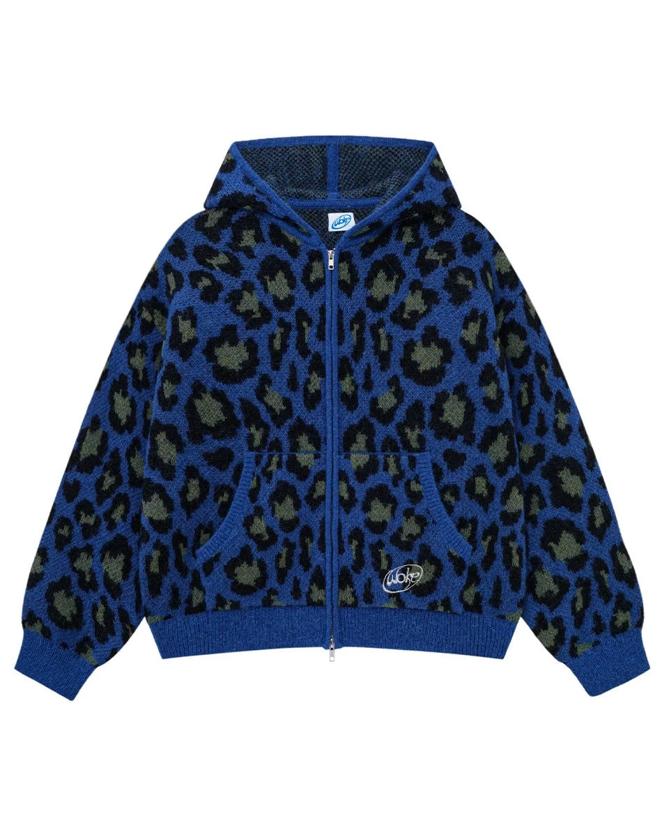 【WOKE EDGE】LEOPARAD MOHAIR ZIP KNIT - BLUE