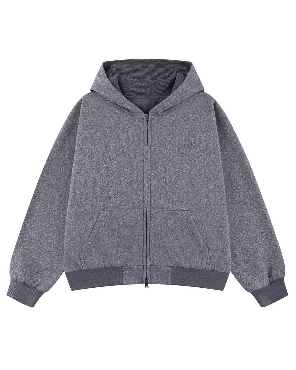 【WOKE EDGE】DOUBLE FACE GLIT ZIP HOODIE - GRAY