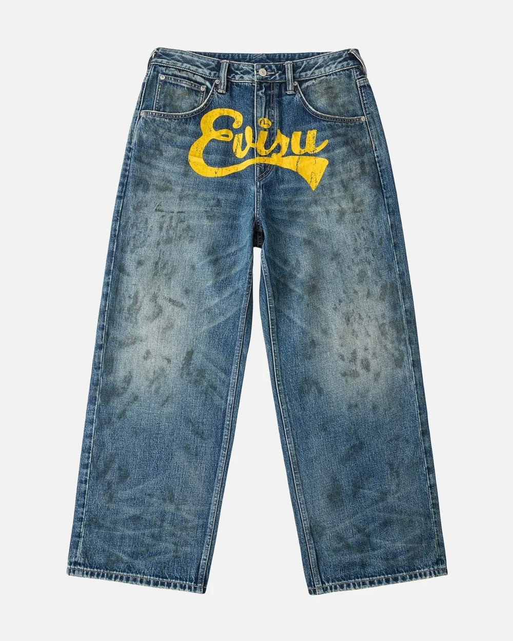 【EVISU】OIL STAIN DENIM JEANS-LOOSE FIT - MID TONE INDIGO