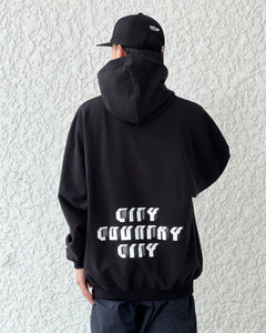 【CITY COUNTRY CITY】EMBROIDERED LOGO ZIP UP COTTON HOODIE - BLACK