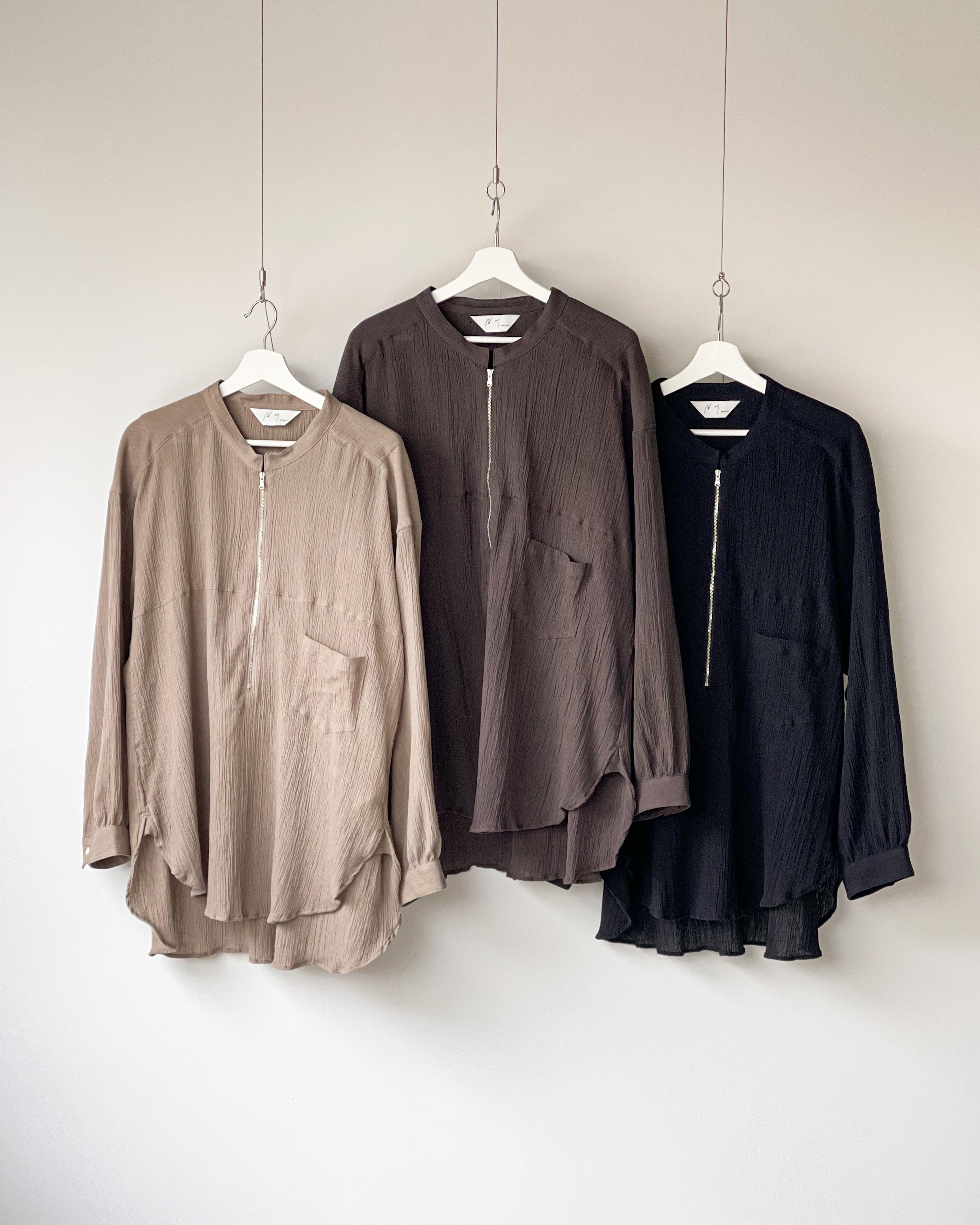 ANCELLM】CREPE HALF ZIP SHIRT - GREIGE
