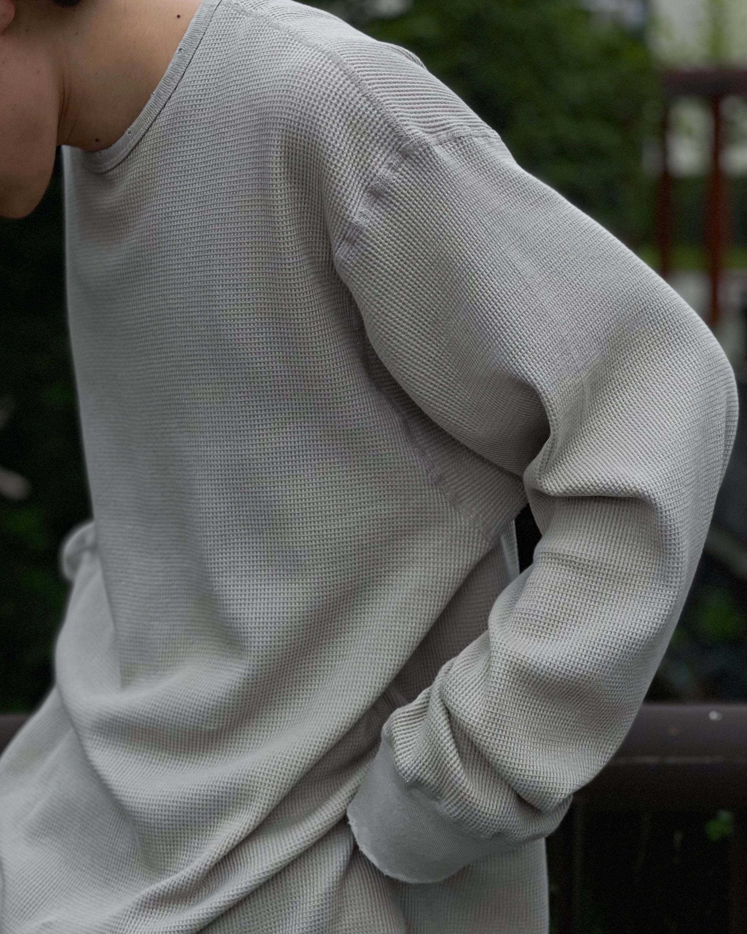 ANCELLM】DAMAGE WAFFLE CREW LS T-SHIRT - GREIGE