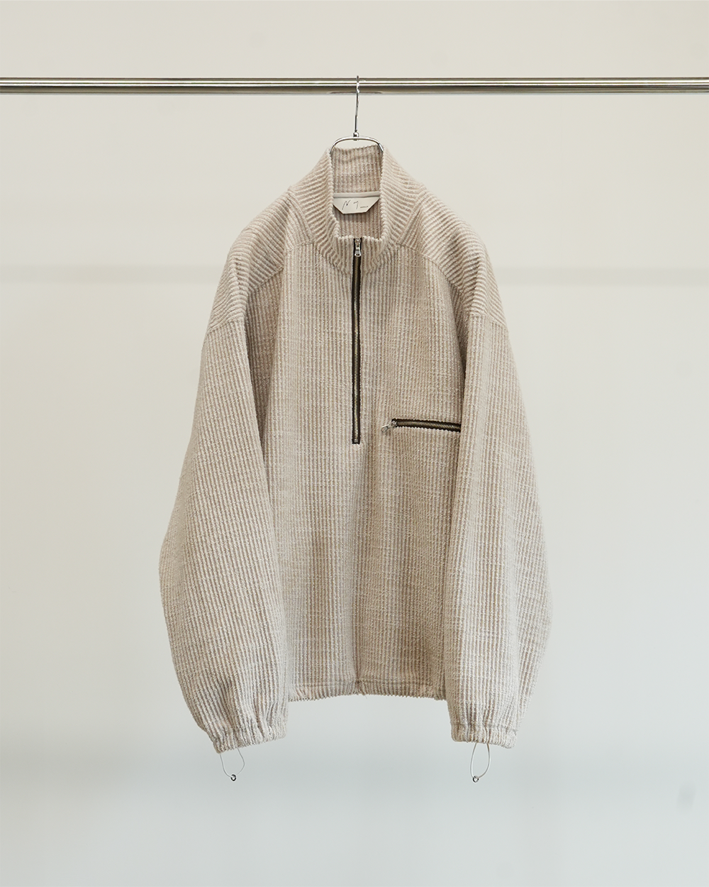 【ANCELLM】CUT STRIPE HALF ZIP PULL OVER SHIRT - BEIGE