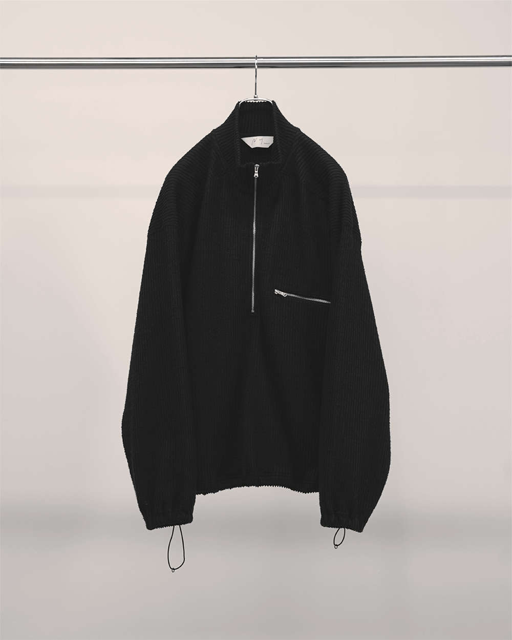 【ANCELLM】CUT STRIPE HALF ZIP PULL OVER SHIRT - BLACK