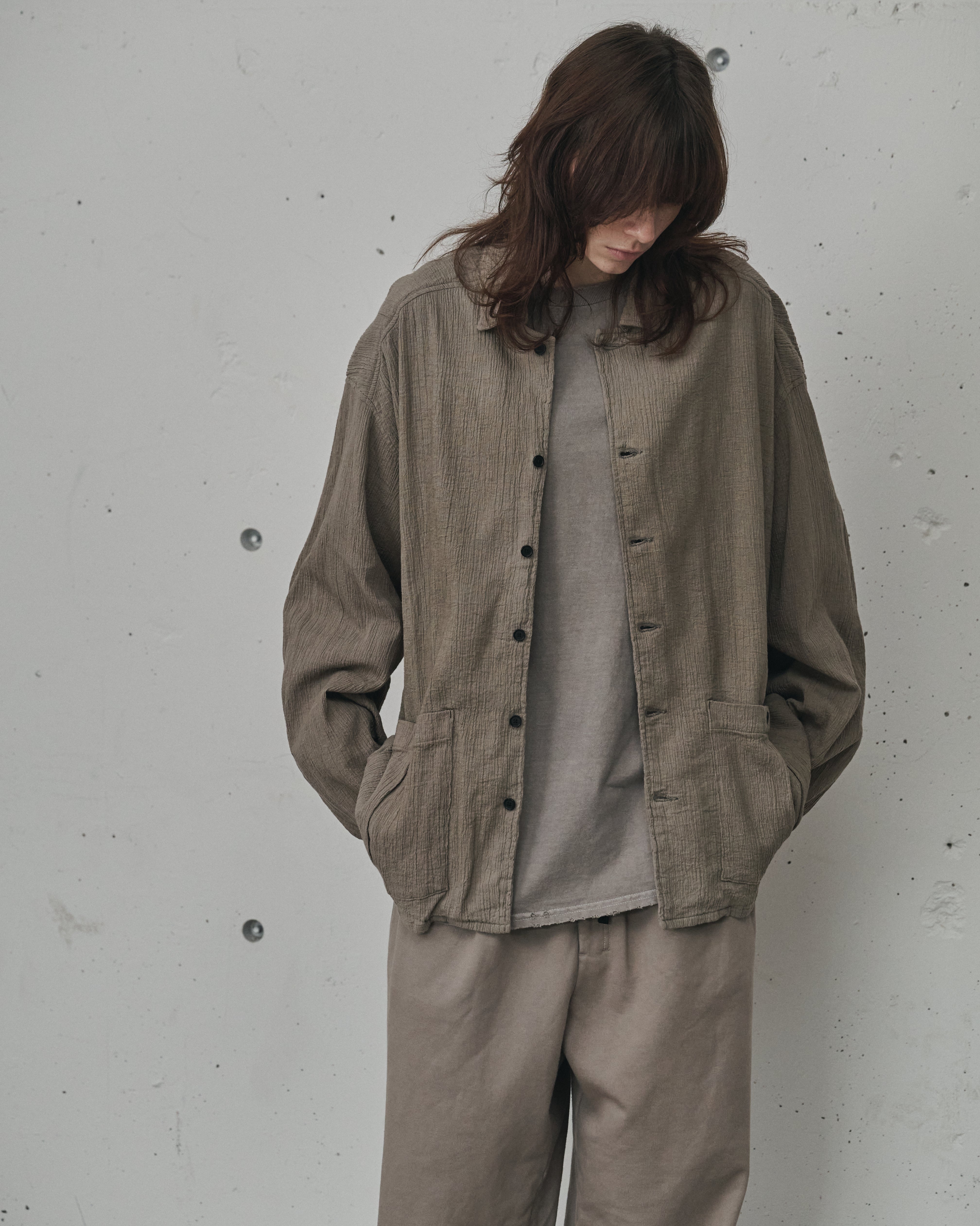 ANCELLM CREPE SHIRT JACKET GREIGE サイズ2 ANCELLM】CREPE SHIRT JACKET - GREIGE