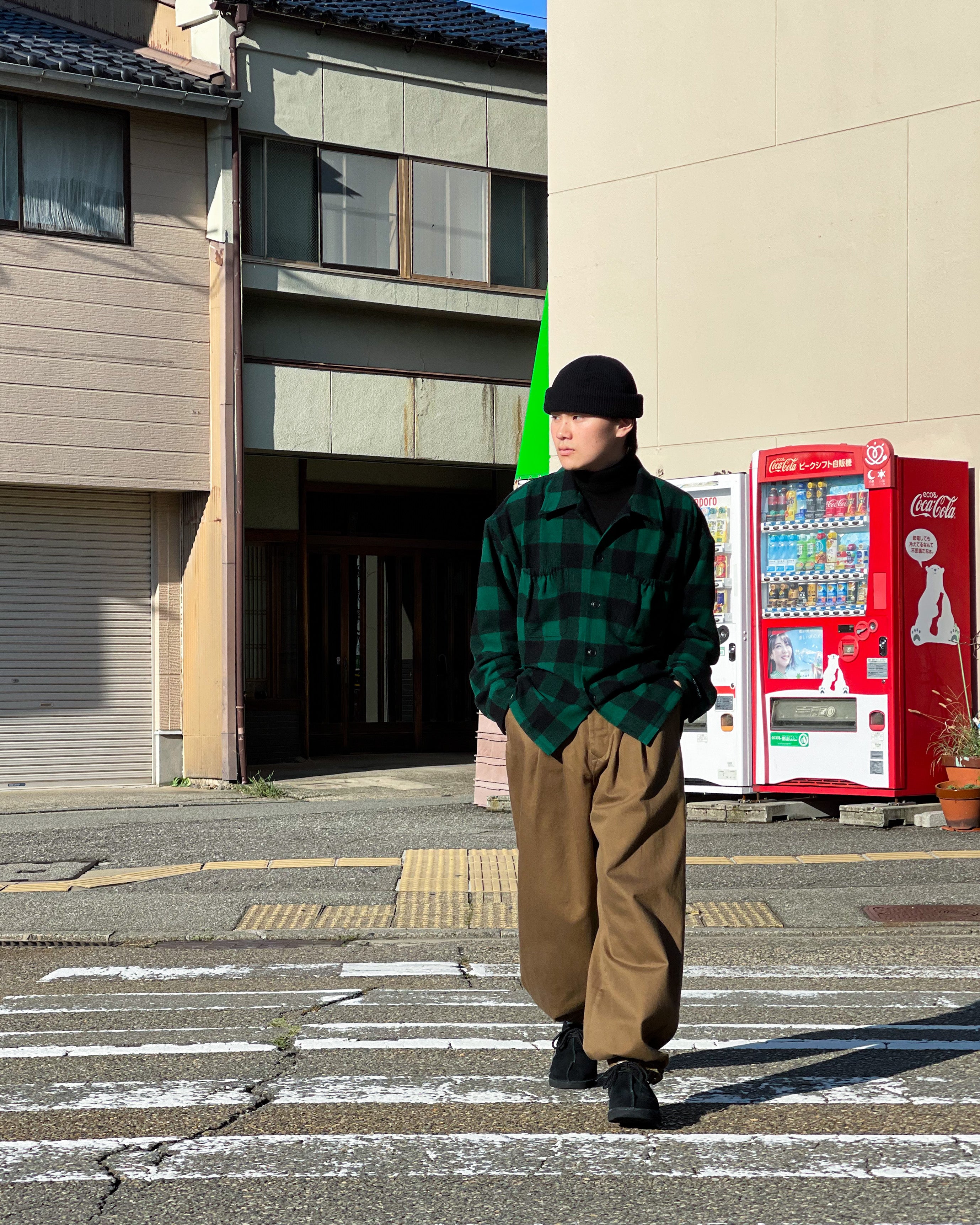 【REFOMED】GRANNY REPAIR WRIST PATCH WIDE CHECK SHIRT - GREEN ×BLACK