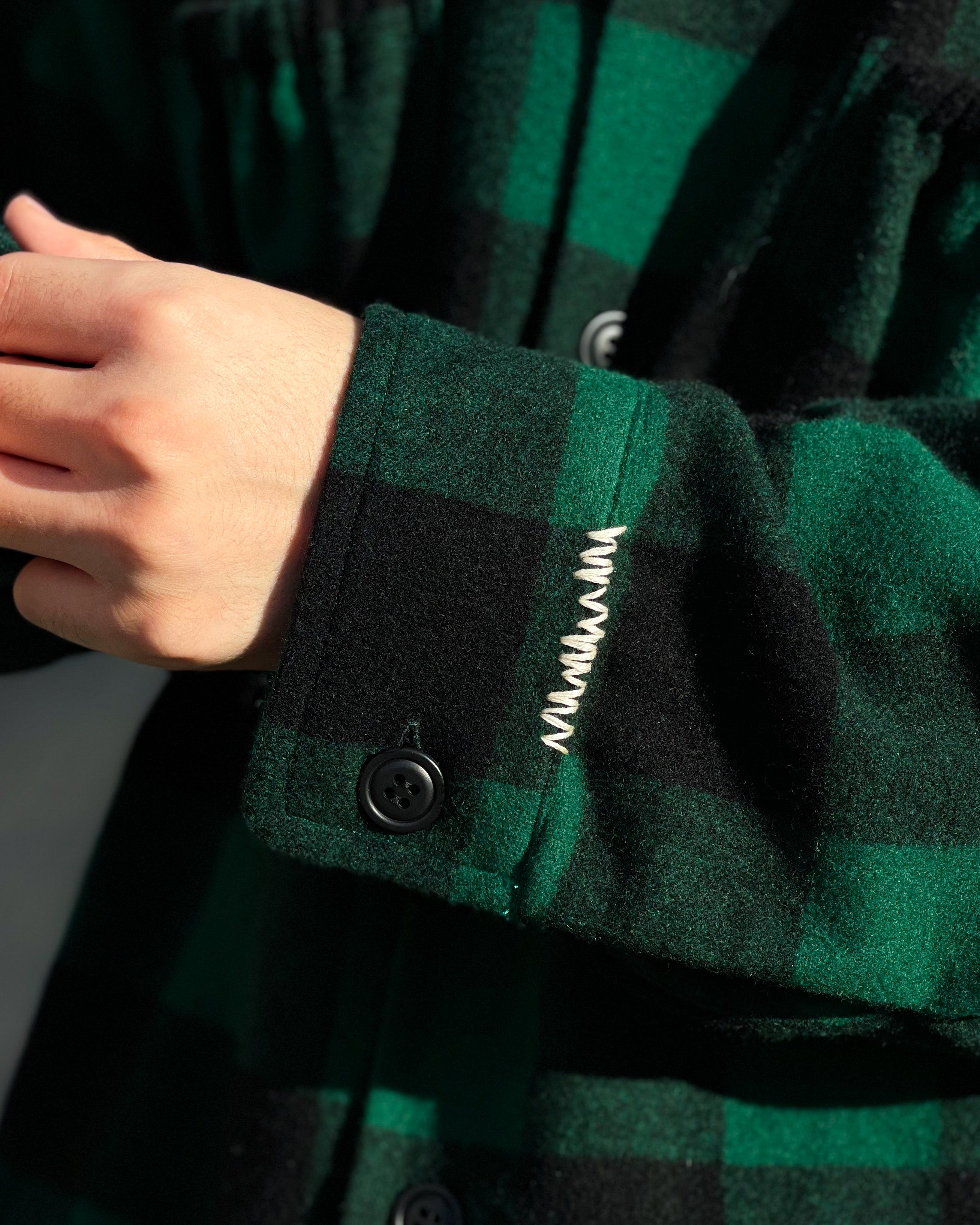【REFOMED】GRANNY REPAIR WRIST PATCH WIDE CHECK SHIRT - GREEN ×BLACK